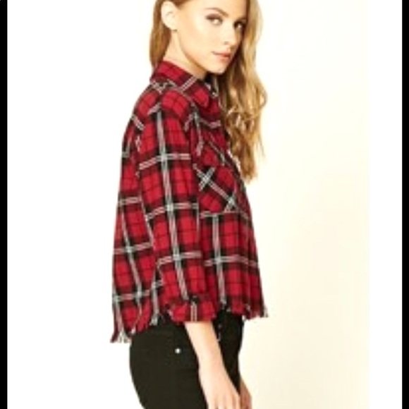 FOREVER 21 fringe flannel red plaid shirt women's size L - Picture 2 of 10